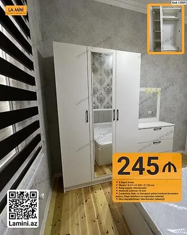 3 qapılı dolab – Lamini.az - Modell: Kod 12009 - Rəng: ağ (minimalist — 1