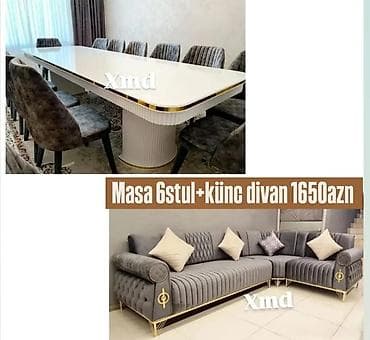 stol stul dəst: Məhsul: Yemək masası dəsti və künc divan paketi - Masa: Uzun, parlaq — 1