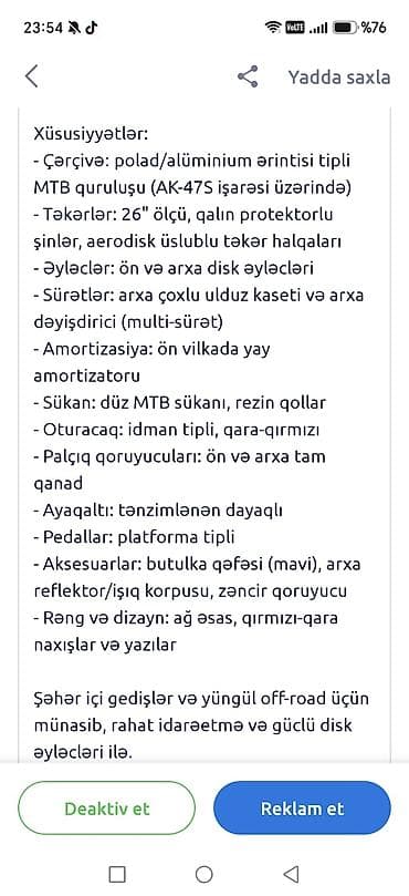 mini velosiped: MTB tipli velosiped – 26” Xüsusiyyətlər: - Çərçivə: polad/alüminium — 3