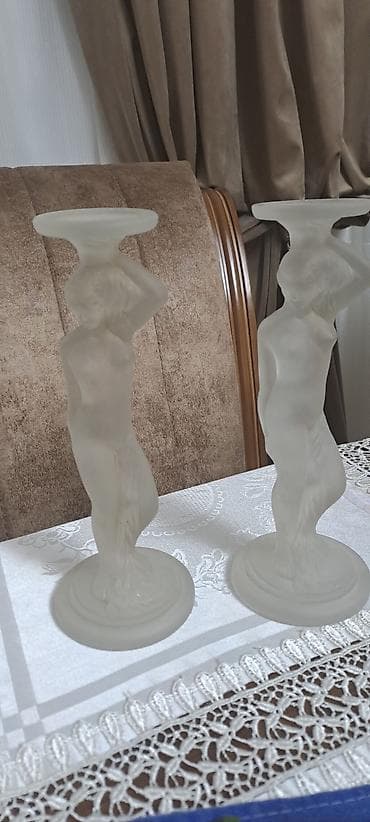 ortuk: Şüşə fiqurlu şamdanlar (2 ədəd) - Material: buzlu effektli şəffaf — 1