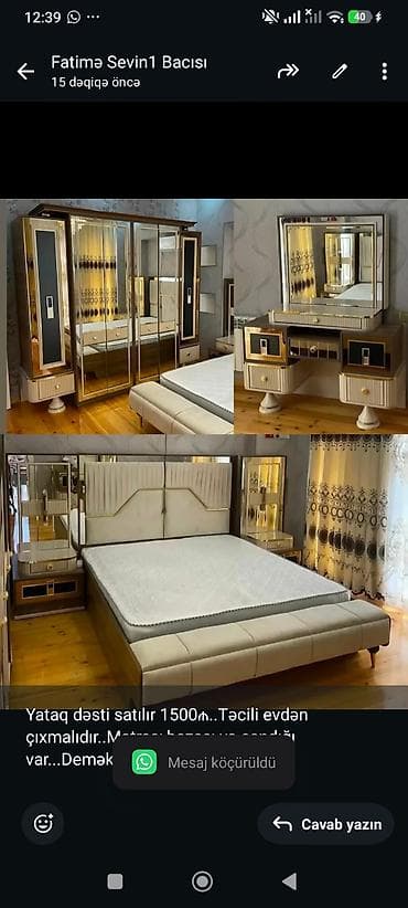 matras satilir: Yataq dəsti satılır 1500₼. Təcili evdən çıxmalıdır. Matrası,bazası və — 1