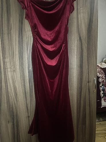 Qırmızı məxməri uzun ziyafət geyimi - Material: yumşaq, parıltılı — 4