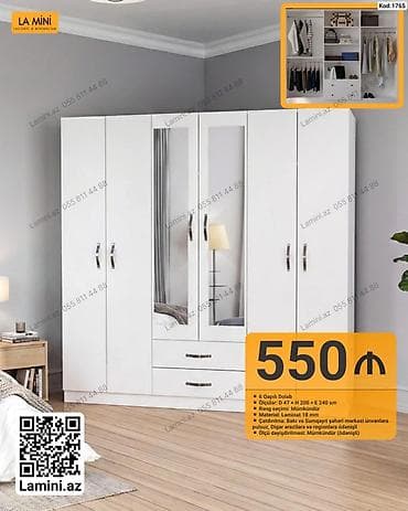 Kod: 1765 6 qapılı geyim dolabı – ağ rəngdə, minimalist dizayn. - — 1