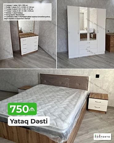 komodlar: Yataq Dəsti – 750 ₼ Tərkib: - Çarpayı: 1 ədəd, 160 x 200 sm - Dolab — 1
