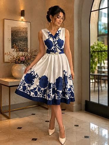 don: Ağ rəngli, göy naxışlı zərif qadın donu. Model qolsuzdur, V formalı — 1