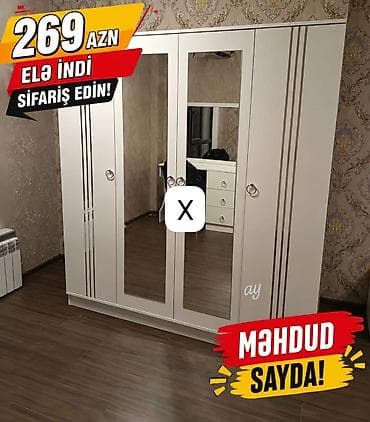 Ağ rəngli 4 qapılı şkaf - Ön paneldə 2 böyük güzgü qapı, yanlarda
