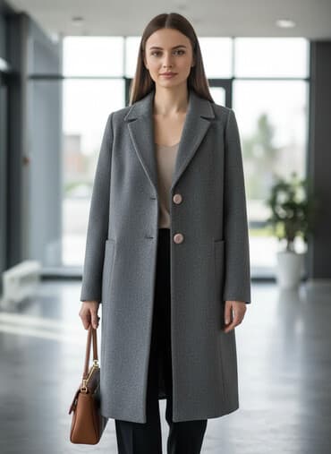 kişi üçün paltolar: Qadın palto – klassik dizayn - Rəng: tünd boz (xırda toxuma effektli — 1
