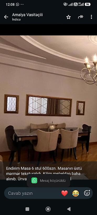 oturaca: Endirim Masa 6 stul 600azn. Masanın üstü mərmər teksturalıdı. Kilim — 1