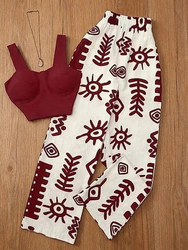 Qadın dəsti – bordo crop top və qrafik naxışlı şalvar - İki hissədən — 2