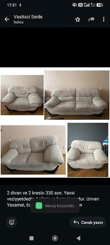 Ev üçün mebel: 2 divan ve 2 kreslo 330 azn. Yaxsi veziyyetdedir. Acilmir ve bazasi — 1