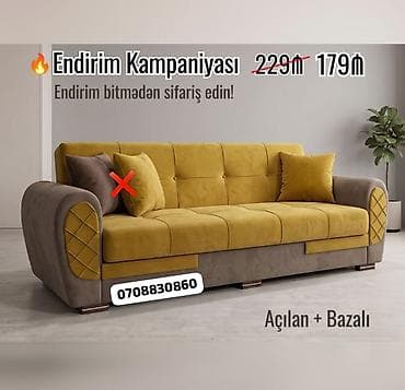 Açılan və bazalı divan - Rəng: sarı xardal + boz kombinasiyası -