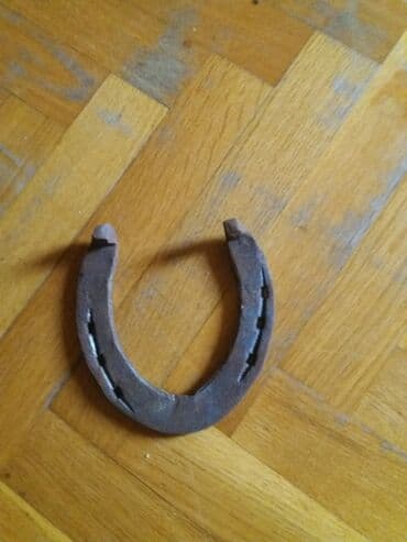 at dayca: Taxta döşəmə üzərində yerləşən bu at nalı, metal materialdan — 1