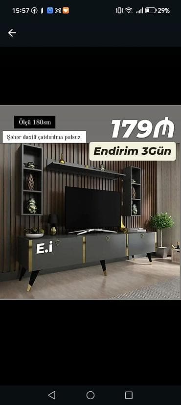 stend: TV stendi və asma rəflər dəsti - Ölçü: 180 sm - Rəng: tünd boz — 1