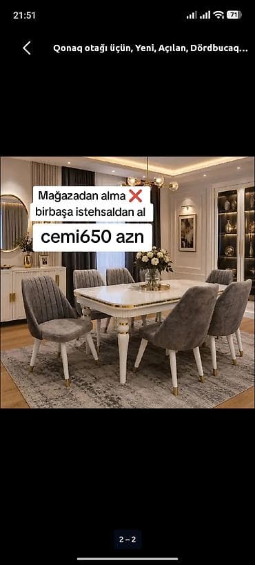stol uzu: Qonaq otağı üçün, Yeni, Açılan, Dördbucaq masa, 6 stul — 1