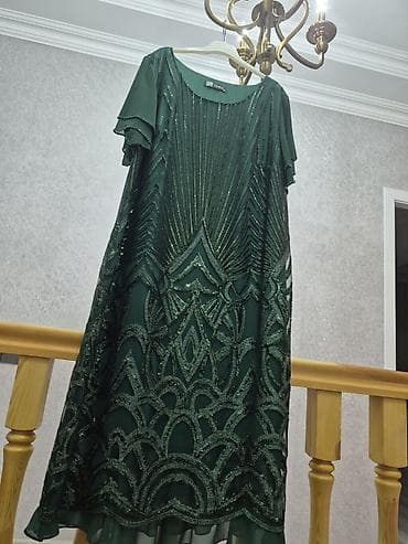 Женская одежда: Tünd yaşıl rəngdə zərli ziyafət geyimi - Model: qısa qollu, yumru — 2