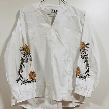 moncler bakı: Ağ rəngli qadın köynəyi – etnik naxışlı - Model: Uzunqol, rahat — 1