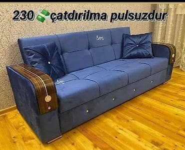 Mavi rəngli yumşaq dəri/parça ilə işlənmiş rahat divan. - Üç