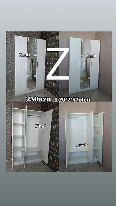 açılıb bağlanan: Yeni, 3 qapılı, Güzgülü, Ağ, Açılan, Düz dolab — 1