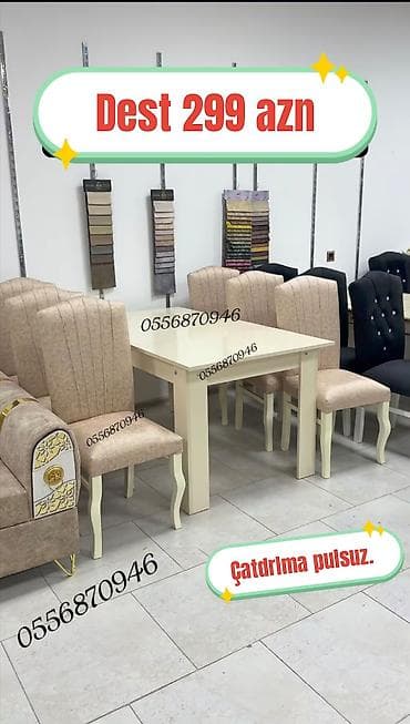 Qonaq otağı üçün, Yeni, Açılmayan, Dördbucaq masa, 6 stul