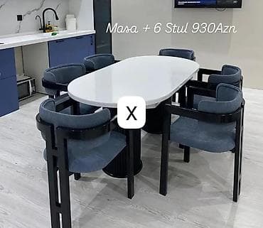 stul stol: Mətbəx və yemək otağı üçün dəst: oval formalı, ağ səthli masa + 6 ədəd — 1