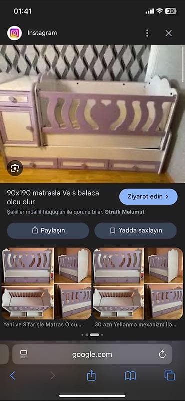 uşaq doşəyi: Qız üçün, İşlənmiş, Dördbucaq, Beşik, Matras ilə, Yellənmə mexanizmsiz — 7