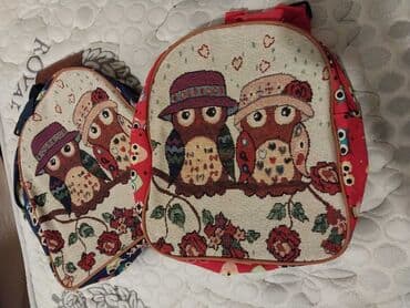 купить бу чемодан: Üzərində cüt bayquş təsviri olan, toxunma parçadan hazırlanmış — 2