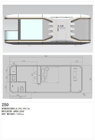 kantiner ev: Gələcəyin modul yaşayış kapsulları – Z50 və Z70 Z50 - Ölçülər: 8.5 × — 2