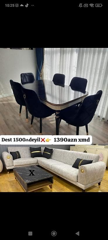 Ev üçün mebel: Məhsul: Yemək masası və 6 ədəd stul dəsti + künc divan və jurnal — 1