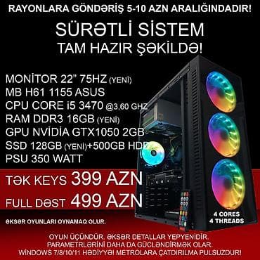 ŞOK ENDİRİM!!! Oyun üçün Kompüter "RGB Core i5 3470 16GB Ram GTX1050 — 3