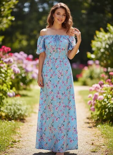 qadın yay geyimləri: Mavi rəngdə, çiçək naxışlı uzun don. Model: geniş elastik yığma üst — 1