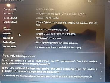 noutbook: Ram 4 Gb Ssd 120 Gb Videocard nvidia geforce 1 Gb, Intel graphics 1 Gb — 10