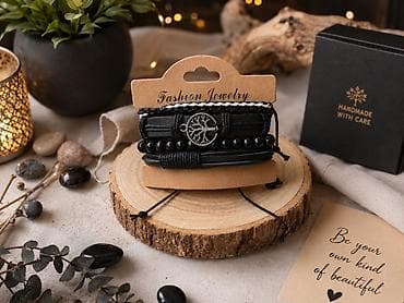 Dəri və muncuqdan çoxqatlı qolbaq seti - Üslub: boho/urban tərzi - — 1