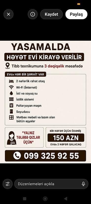 Yasamalda Tibb Texnikumuna 3 dəqiqəlik məsafədə həyət evi kirayə — 1