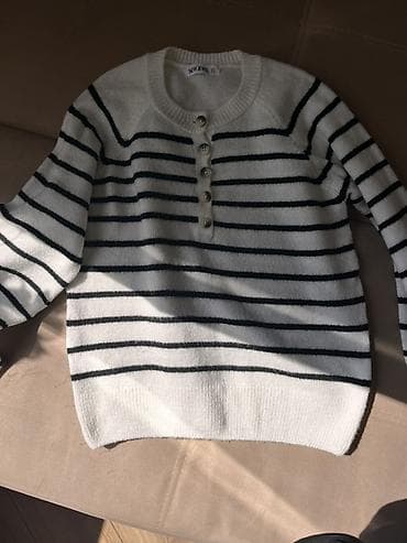 ag kofta modelleri: Zolaqlı trikotaj sviter - Rəng: ağ fon üzərində qara üfüqi zolaqlar - — 1