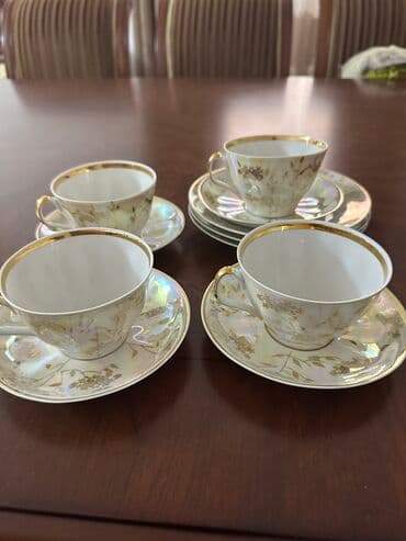 Çay dəsti, rəng - Qızılı, Farfor, 4 nəfərlik, Rusiya