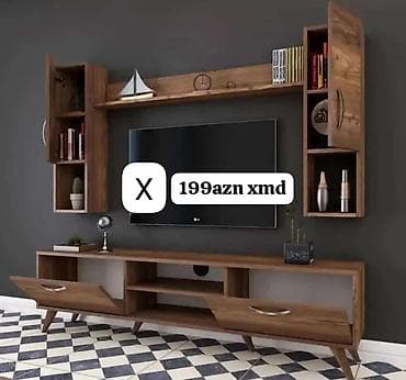 TV stendi və asma divar rəfləri dəsti - Material: taxta teksturalı