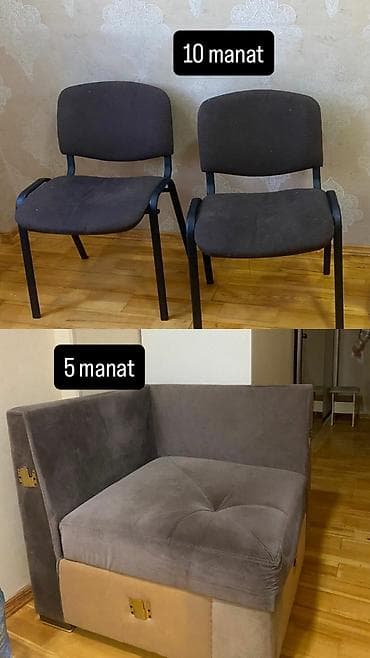 ofis stul: - Qara metal karkaslı 2 ədəd ofis/stul. Yumşaq oturacaq və bel — 1