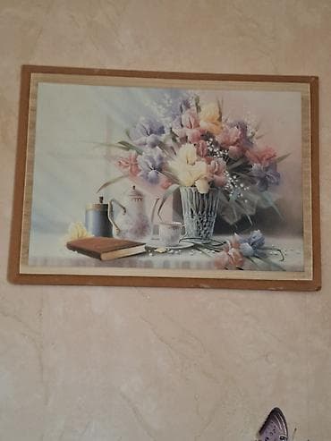 dekorativ ağac: Divar üçün tablo – “Natürmort çiçəklər və çay dəsti” Təbii taxta — 3