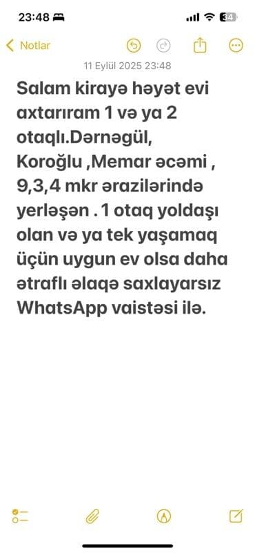 kirayə mkr: Axtarış: Kirayə həyət evi - Otaq sayı: 1 və ya 2 otaqlı - Tələblər: 1 — 1