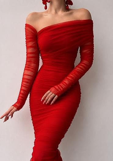 don: Qırmızı off-shoulder axşam/gecə paltarı - Üslub: Bədənə oturan — 1