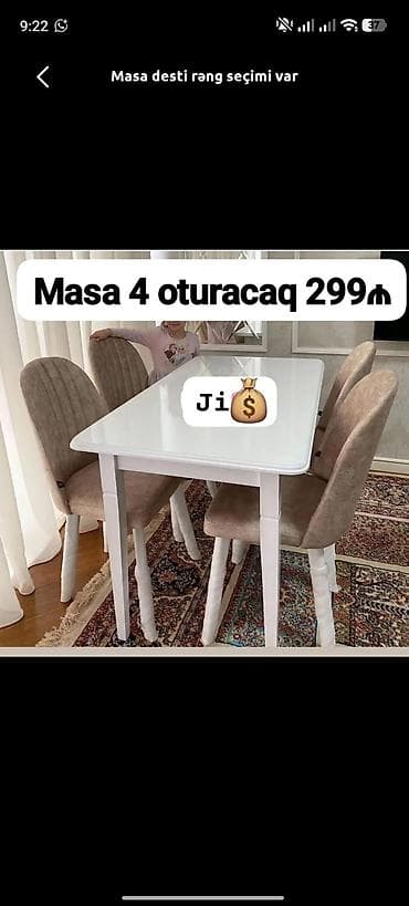 ağ stol: Mətbəx üçün, Yeni, Açılmayan, Dördbucaq masa, 4 stul — 1