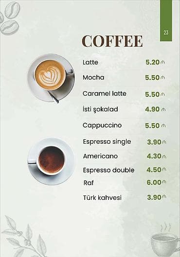 3 reqemi: Menyu: COFFEE - Latte – 5.20 - Mocha – 5.50 - Caramel latte – 5.50 - — 1