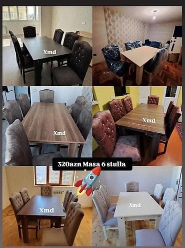 Mətbəx üçün, Yeni, Açılmayan, Dördbucaq masa, 6 stul