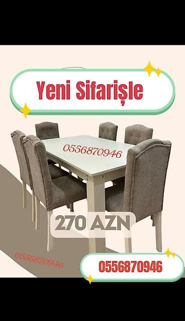 Qonaq otağı üçün, Yeni, Açılmayan, Dördbucaq masa, 6 stul