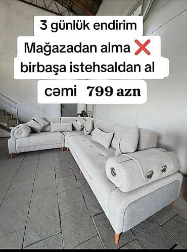 Divan və kreslo dəstləri: Künc divan dəsti – işıqlı boz rəng, skandinaviya üslubunda taxta — 1