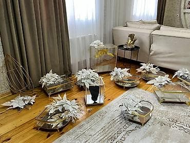 dekor masa: Dekorativ güzgülü şamadan/tray dəsti – qızılı metallik çərçivə — 1