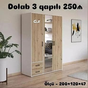 Yeni, 3 qapılı, Güzgülü, Ağ, Digər material, Açılan, Düz dolab