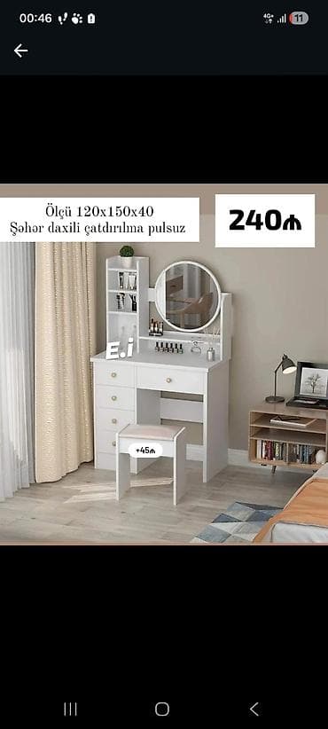 Mebel: Ağ rəngli vizaj/maqaj stolunun dəsti. Xüsusiyyətlər: - Ölçü — 1
