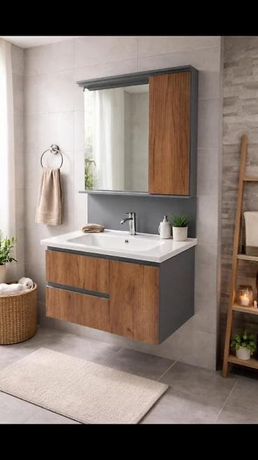 taxda qapl: Mebel dəsti – vanna otağı üçün asma lavabo şkafı və güzgülü şkaf - — 1