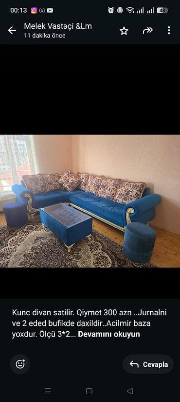 Kunc divan satilir. Qiymet 300 azn . Jurnalni ve 2 eded bufikde — 1